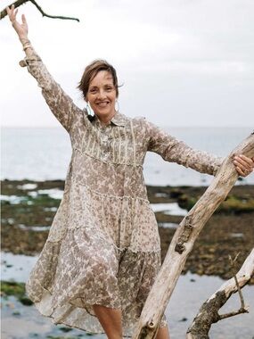 Sundance | Taupe Floral Button-Front Tiered Flowy Dress